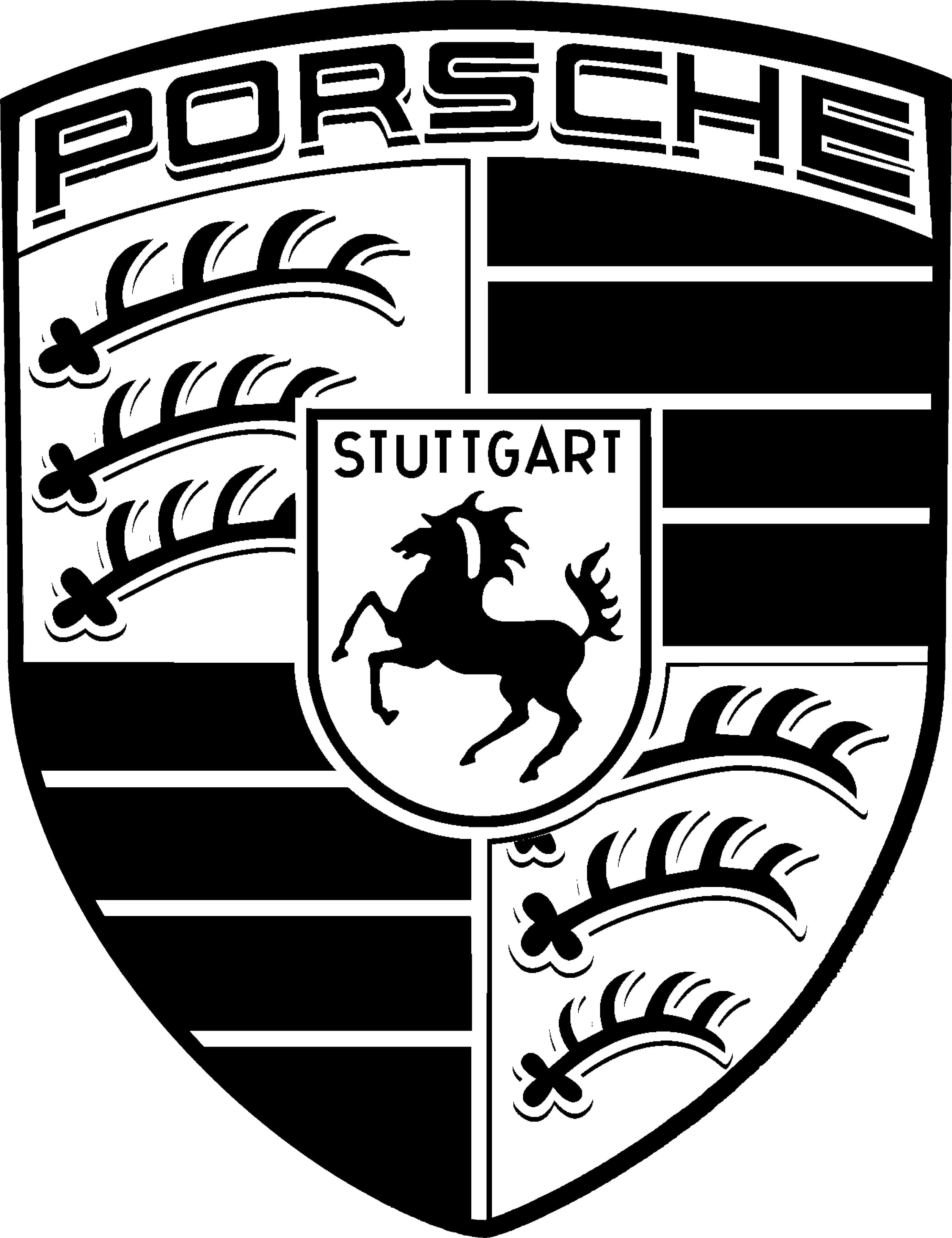 Black And White Logo 桌布 壁紙 — 黑白保時捷徽章標誌，盾牌上有一匹躍立的馬和斯圖加特文字。