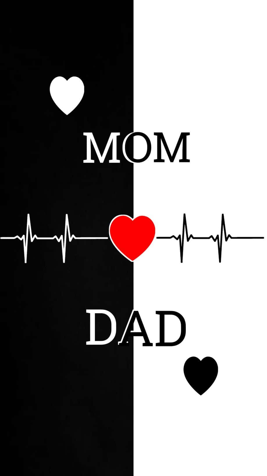 Dad 桌布 壁紙 — 黑白分割設計，'MOM' 和 'DAD' 分別位於心電圖線上的紅色心形兩側，象徵父母的愛。