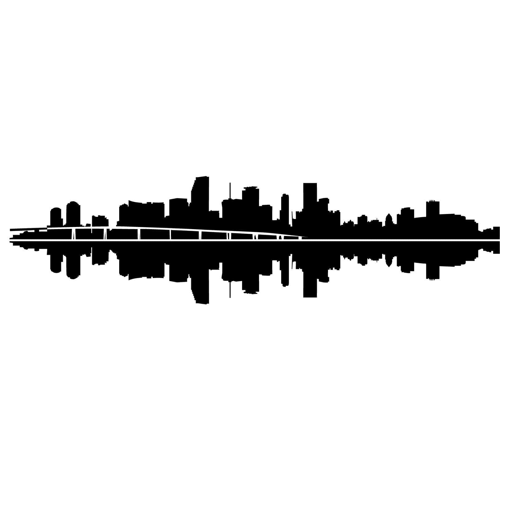 邁阿密 桌布 壁紙 — 黑白剪影的城市天際線，完美倒映在水中，背景為純白色。