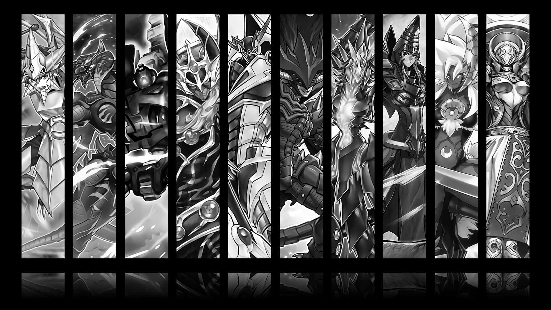 遊戲王 桌布 壁紙 — 黑白動漫壁紙，八位身穿盔甲的奇幻戰士以動態姿勢分佈在垂直面板上。