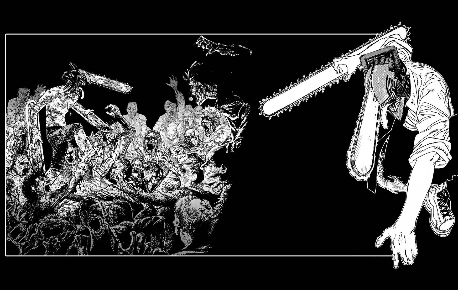 黑白動畫藝術 鏈鋸人 Denji 戰鬥 壁紙 — 一幅黑白插圖，描繪一個手持電鋸的人物在混亂場景中面對一群尖叫的喪屍。