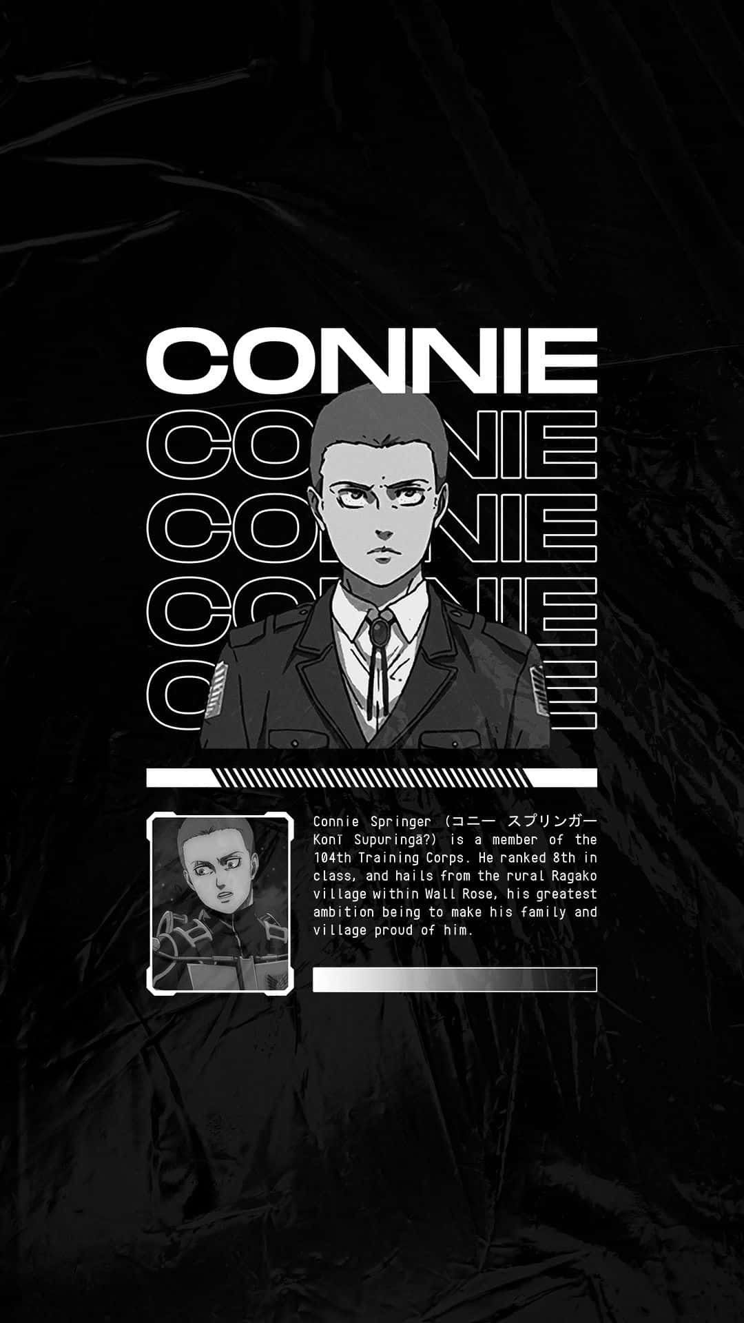 Connie Springer 桌布 壁紙 — 黑白動漫風格牆紙，康妮·斯普林格身穿軍裝，名字以粗體重複顯示。