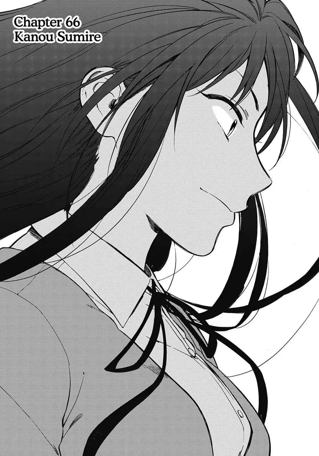 Sumire Kanou 桌布 壁紙 — 黑白動漫風格特寫，一位年輕女性長髮飄逸，側臉溫柔微笑。