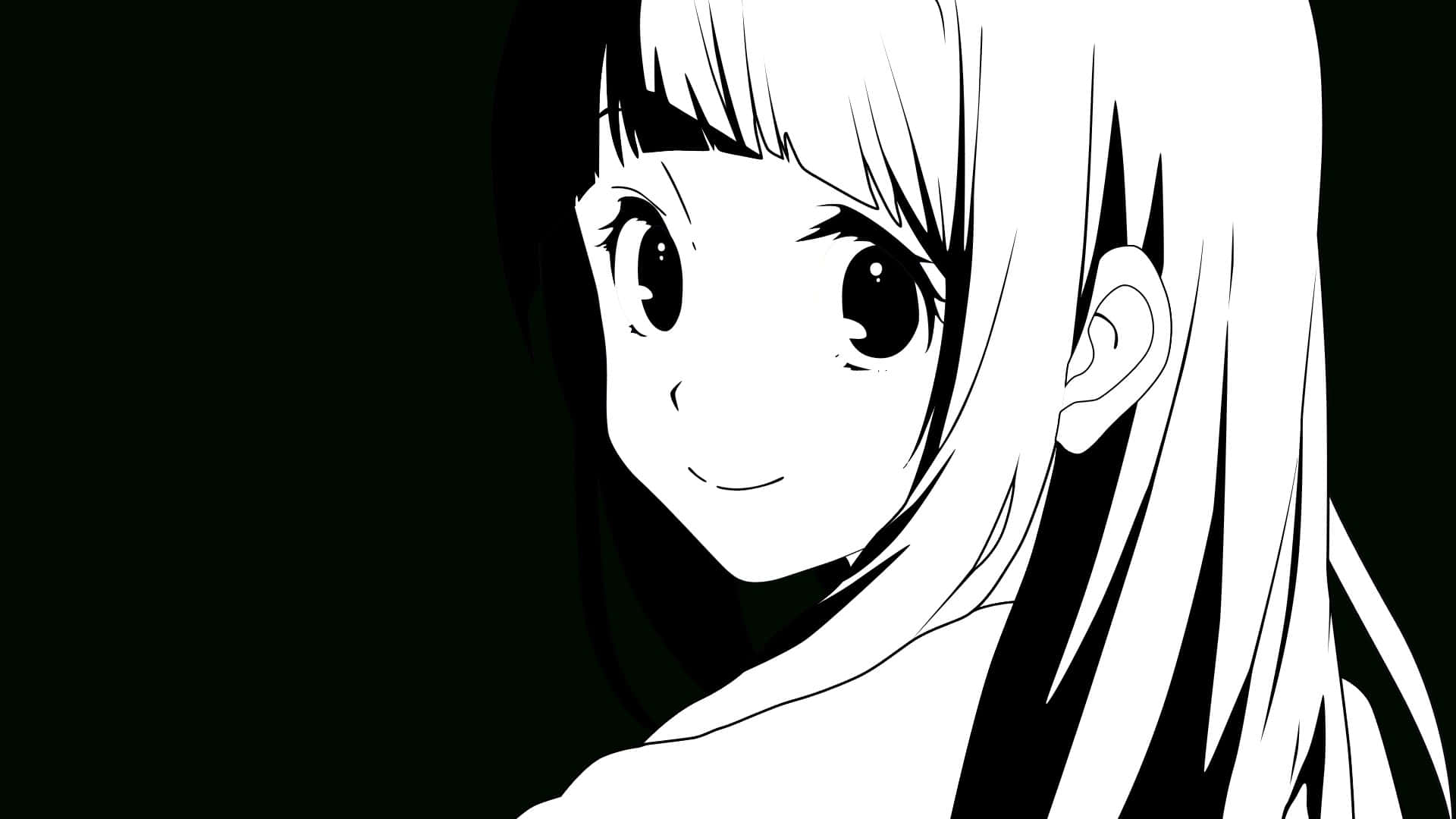 長髮動畫女孩在黑白中溫柔微笑。