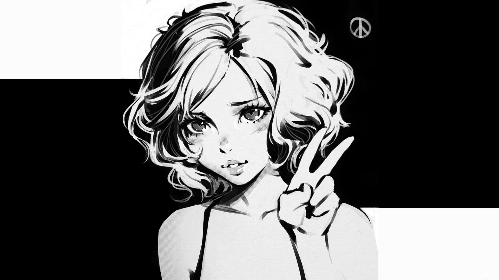 捲發動漫女孩在黑白中做出和平手勢。