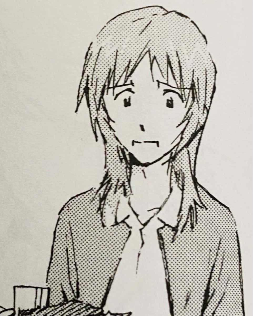 Yui Ikari 桌布 壁紙 — 黑白動漫風格素描，描繪一位頭髮凌亂的年輕人穿著有領襯衫和領帶。