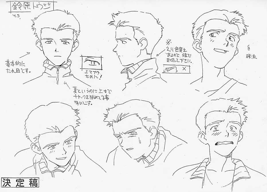 Toji Suzuhara 桌布 壁紙 — 黑白動畫角色設計表，展示多種面部表情和日文註釋。