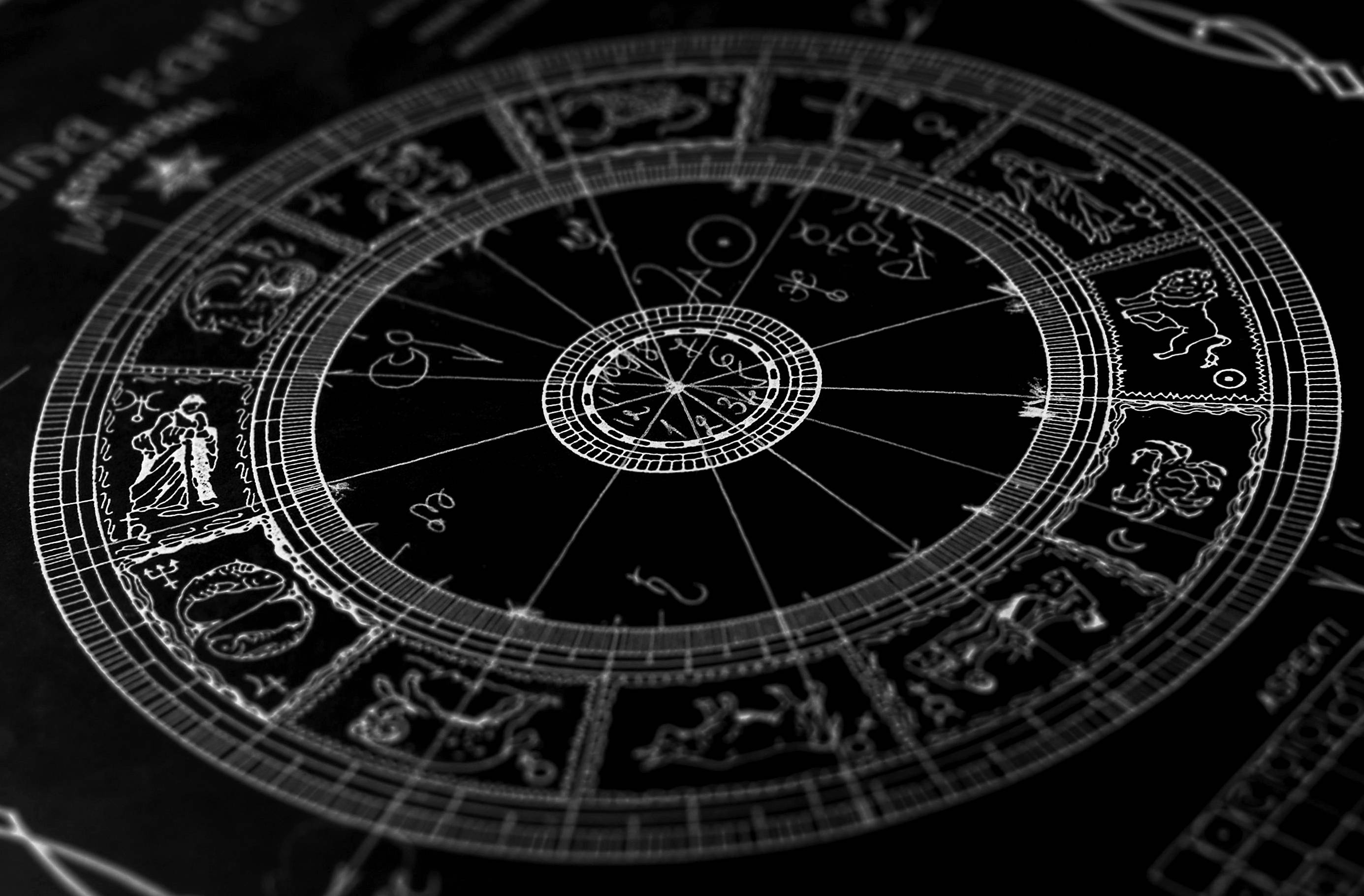 黑白占星輪盤 壁紙 — 一個詳細的白色線條繪製的占星圖表，帶有黃道十二宮符號，背景為黑色。