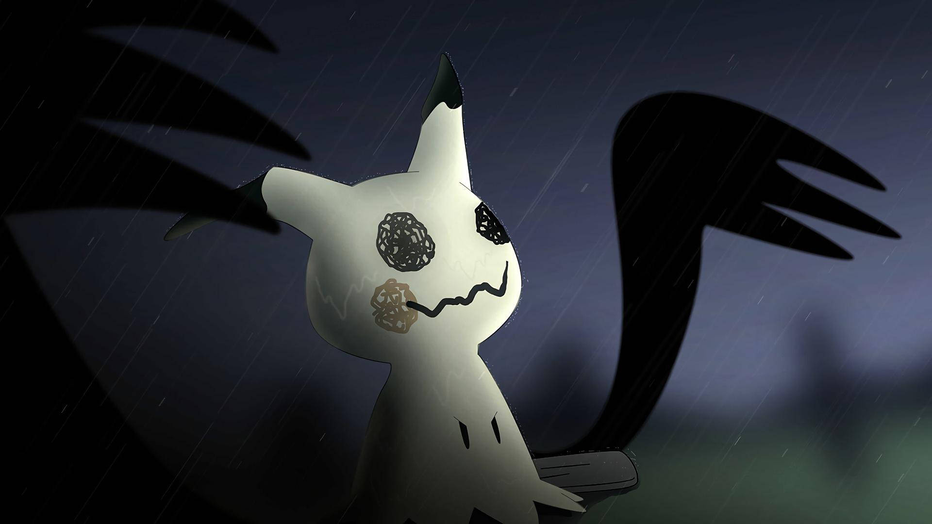 一隻帶有黑色標記的幽靈般寶可夢站在雨夜場景中，由翅膀的黑暗剪影框住。