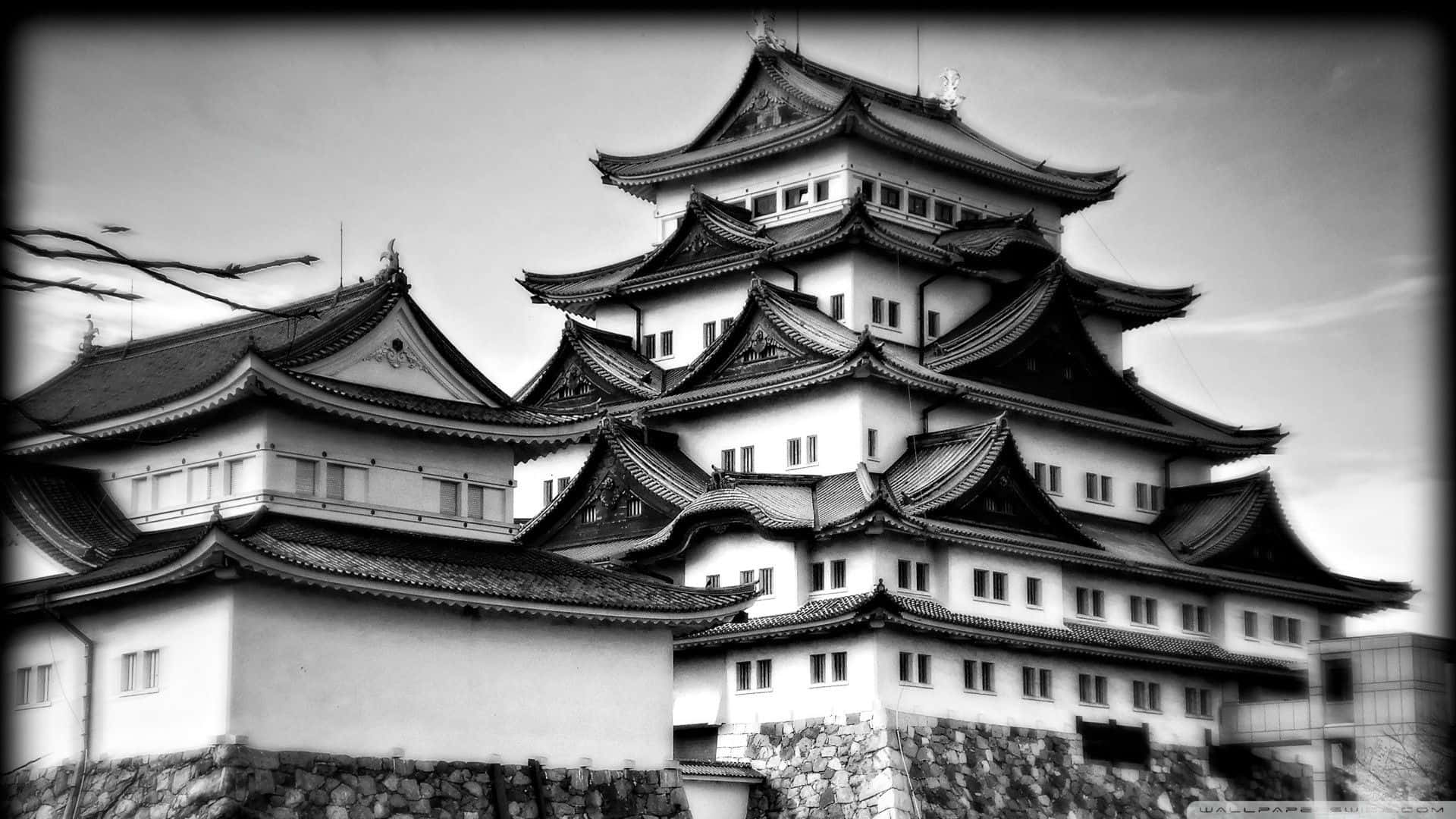 一座歷史悠久的日本城堡，以黑白呈現分層屋頂和石牆。