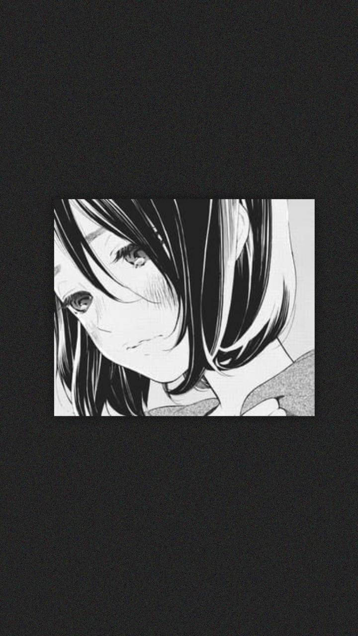 長髮動畫女孩以單色風格向下看。