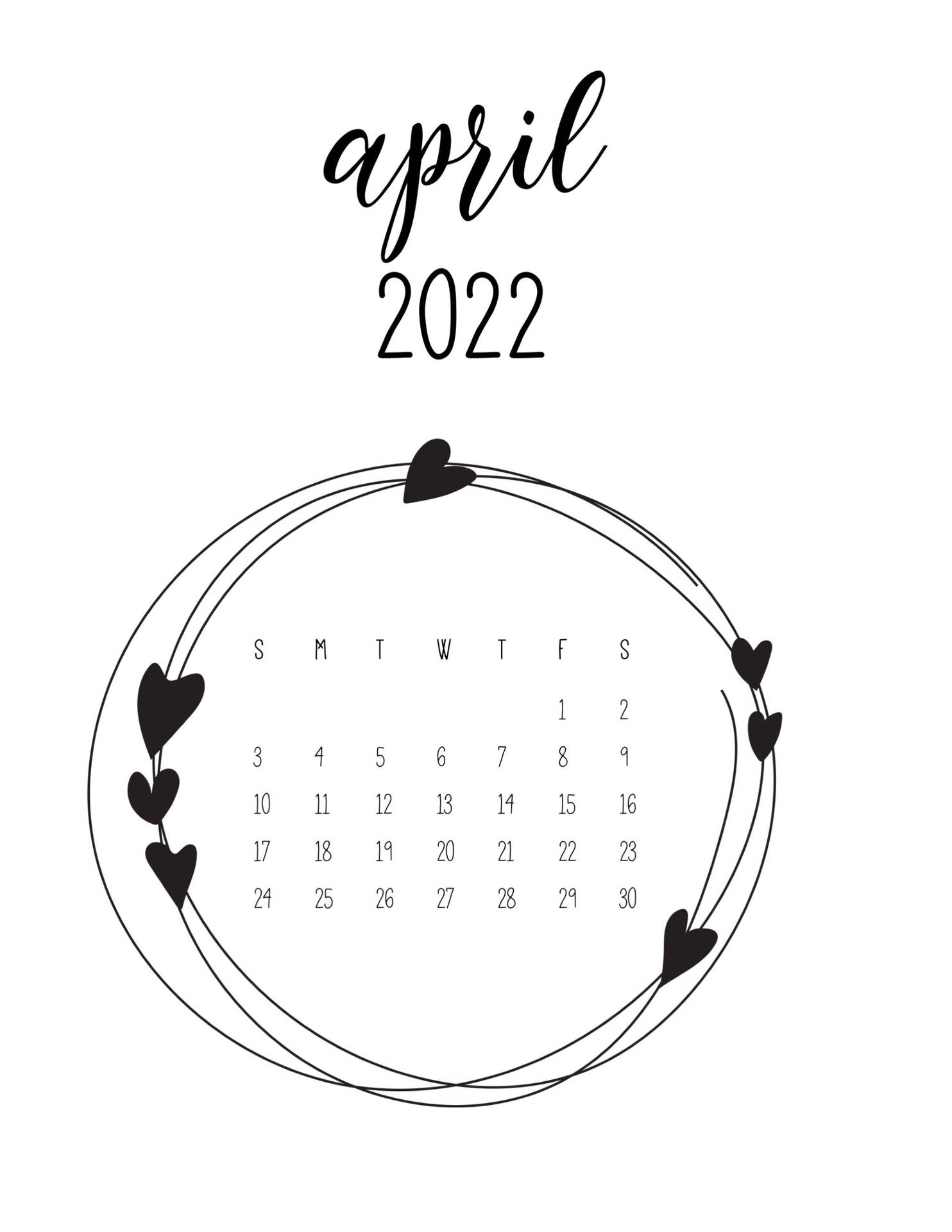 2022年4月月曆，心形花環設計。