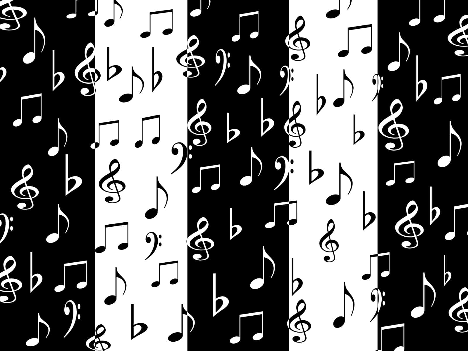 黑白垂直條紋音樂符號背景 壁紙 — 黑白牆紙圖案，以重複的音樂音符和符號組成交替的垂直條紋。