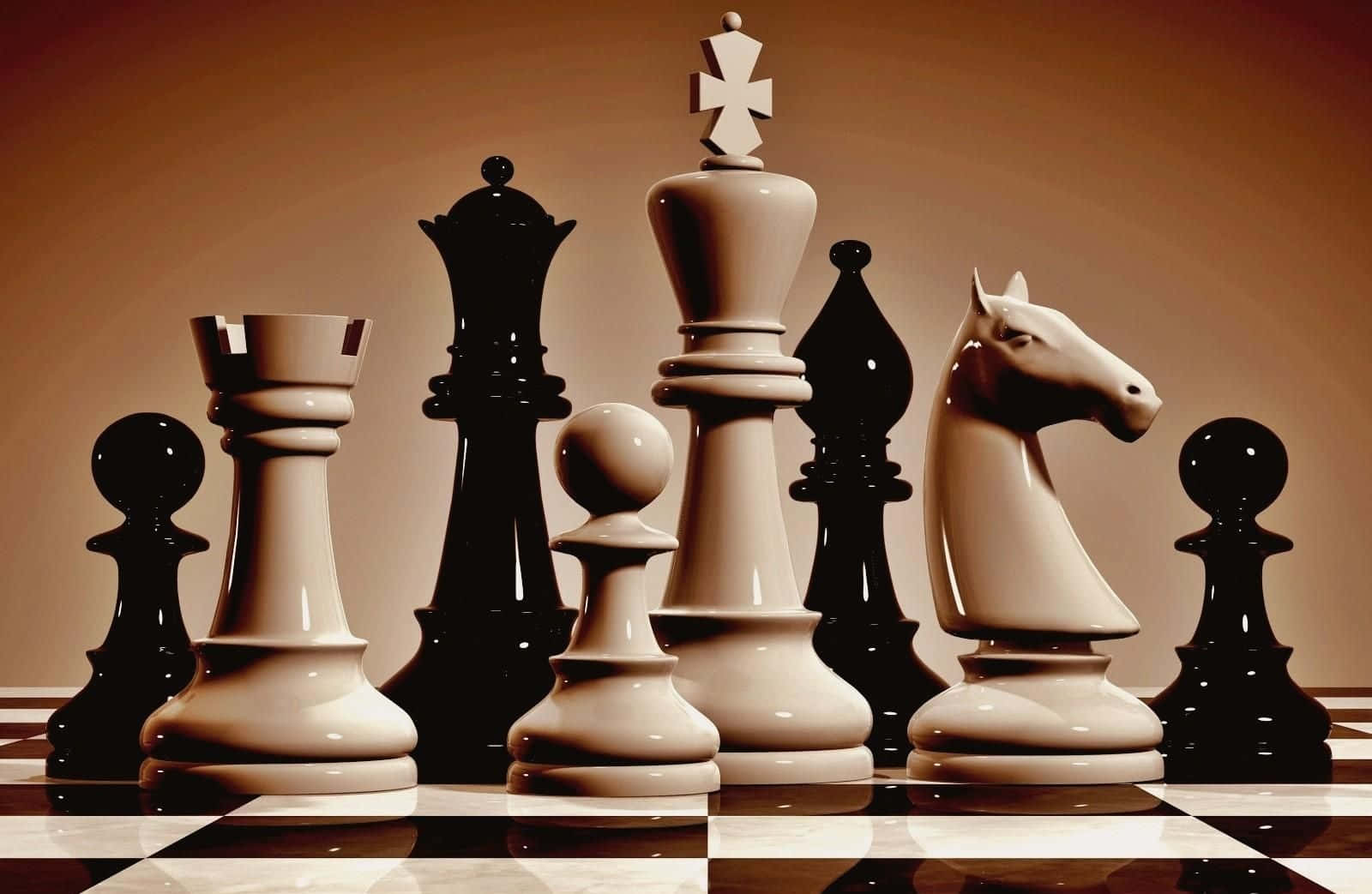 國際象棋 桌布 壁紙 — 黑白大型國際象棋棋子排列在棋盤上，背景為暖色漸變。