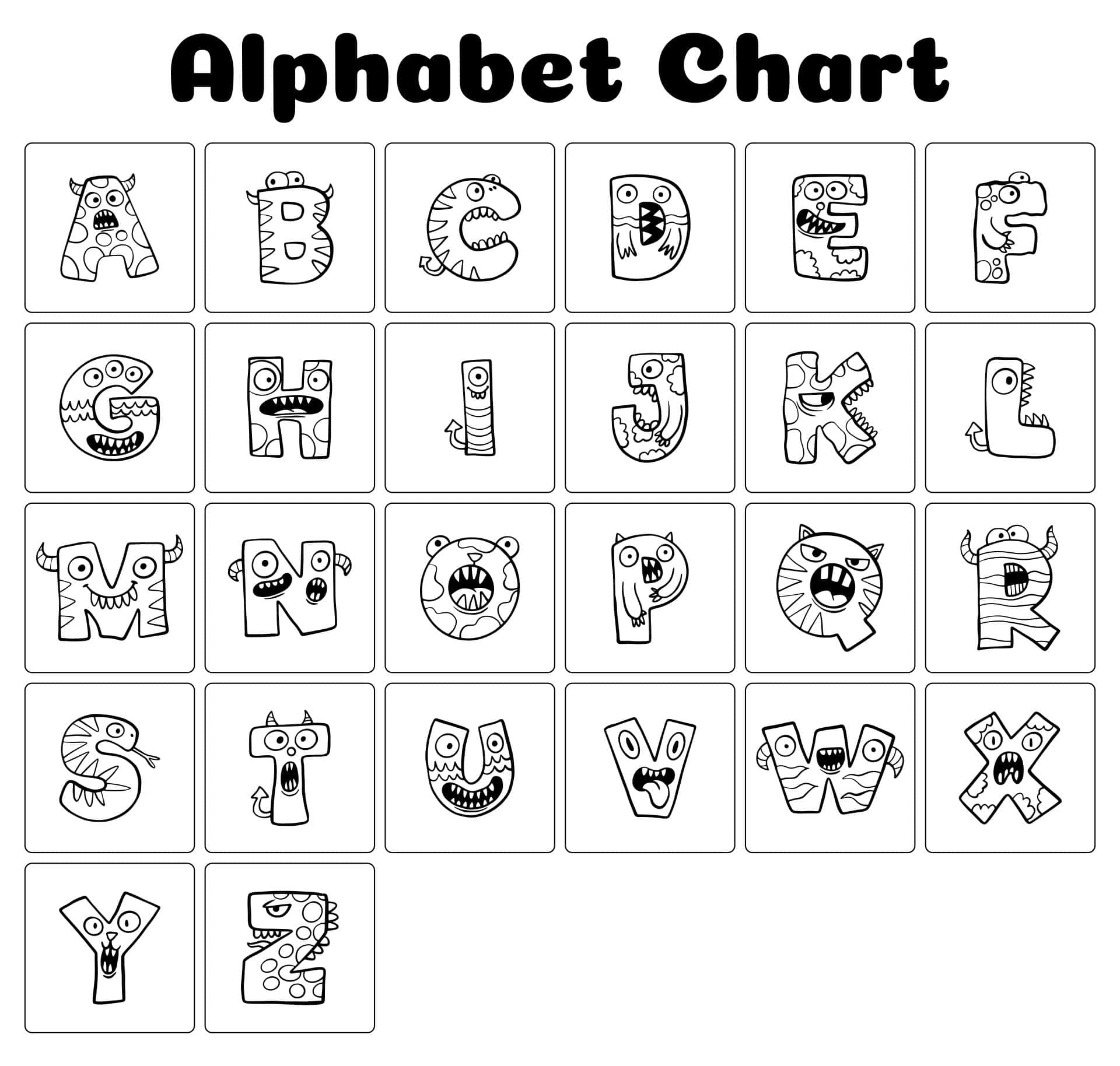 Black And White Letter 桌布 壁紙 — 黑白字母表，每個字母都設計成帶有眼睛、牙齒和爪子的卡通怪物。