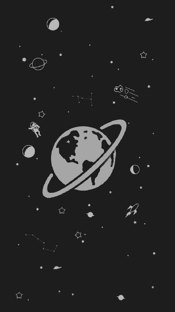 黑白宇宙藝術 壁紙 — 一個極簡的黑白太空場景，環繞著帶有光環的地球，周圍有星座、火箭和太空人。