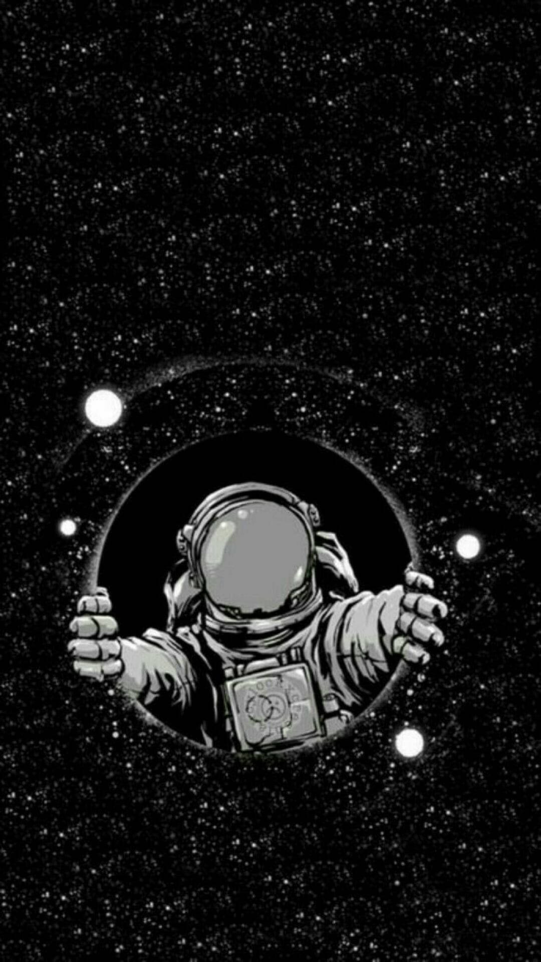 太空人張開雙臂穿過圓形傳送門漂浮在太空中。