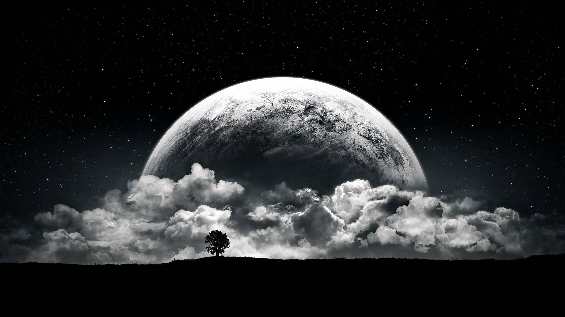 山丘上的一棵孤樹，下方是巨大行星和星空。