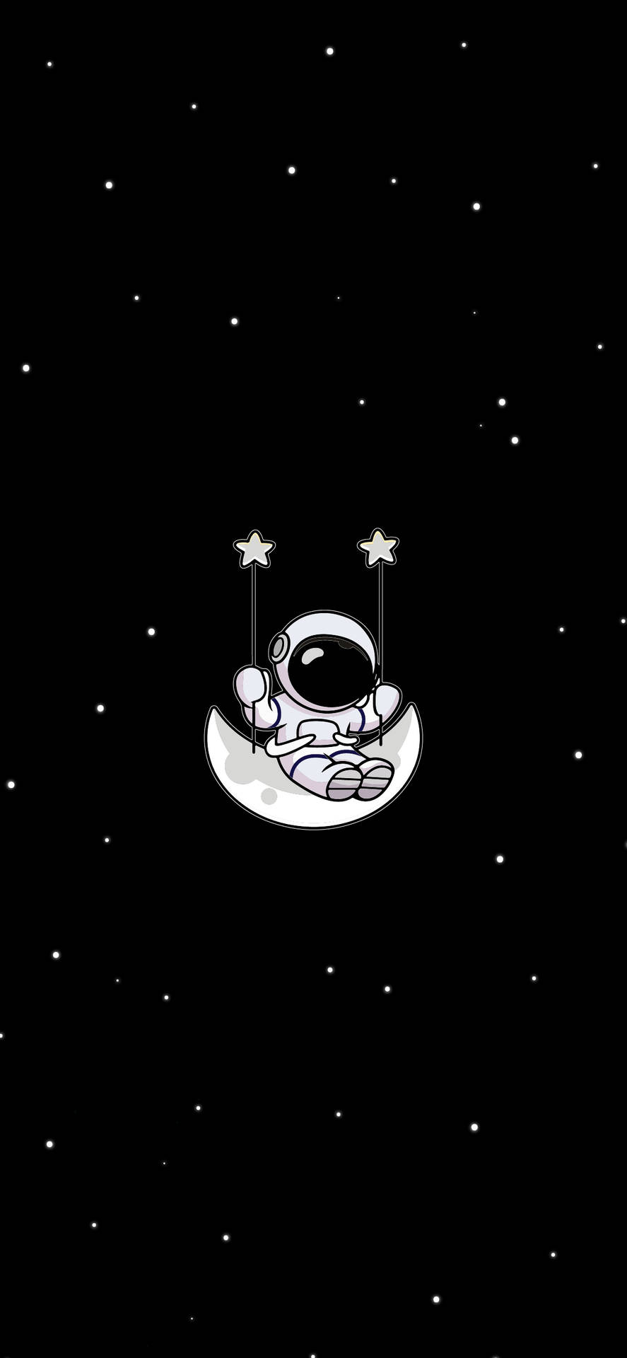 一個卡通太空人在星空中的月球鞦韆上盪來盪去。