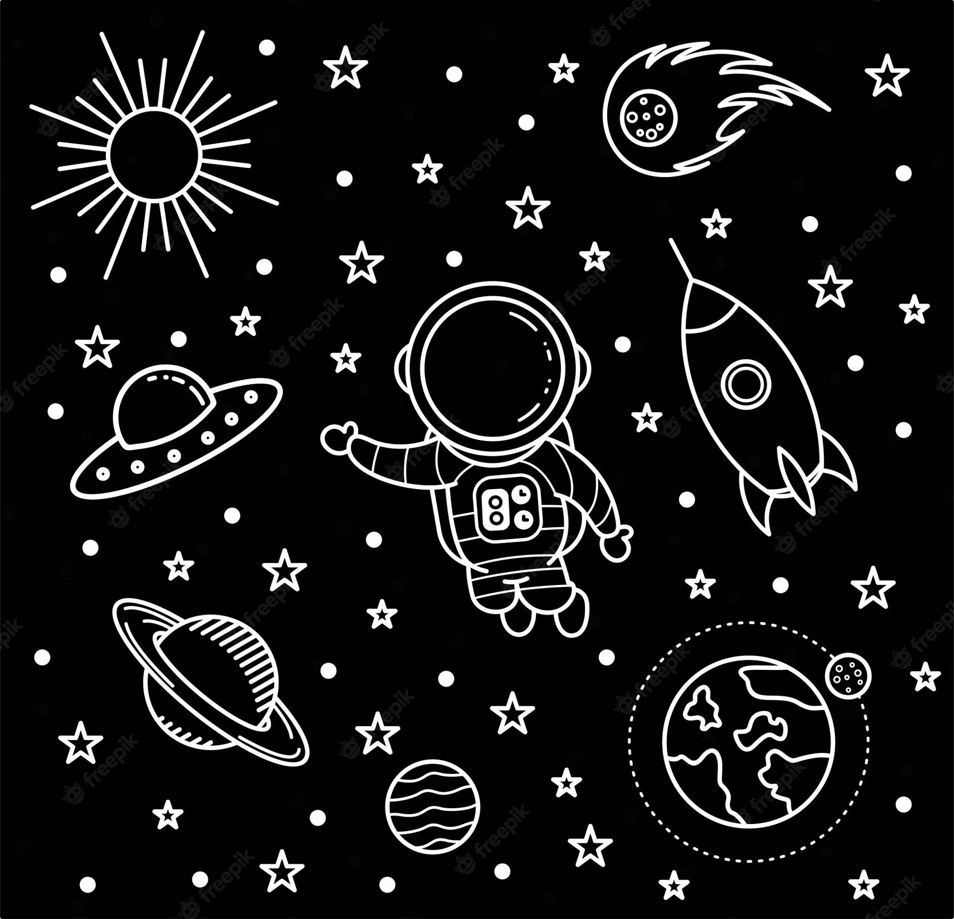 一個卡通太空人在太空中漂浮，行星、星星和火箭以白色線條繪製在黑色背景上。