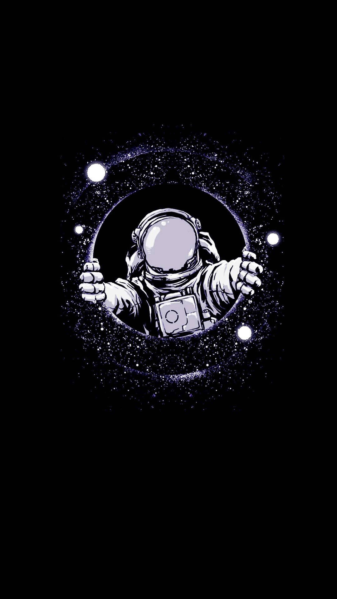 穿著白色太空衣的太空人拿著帶有星星和發光球體的宇宙傳送門。