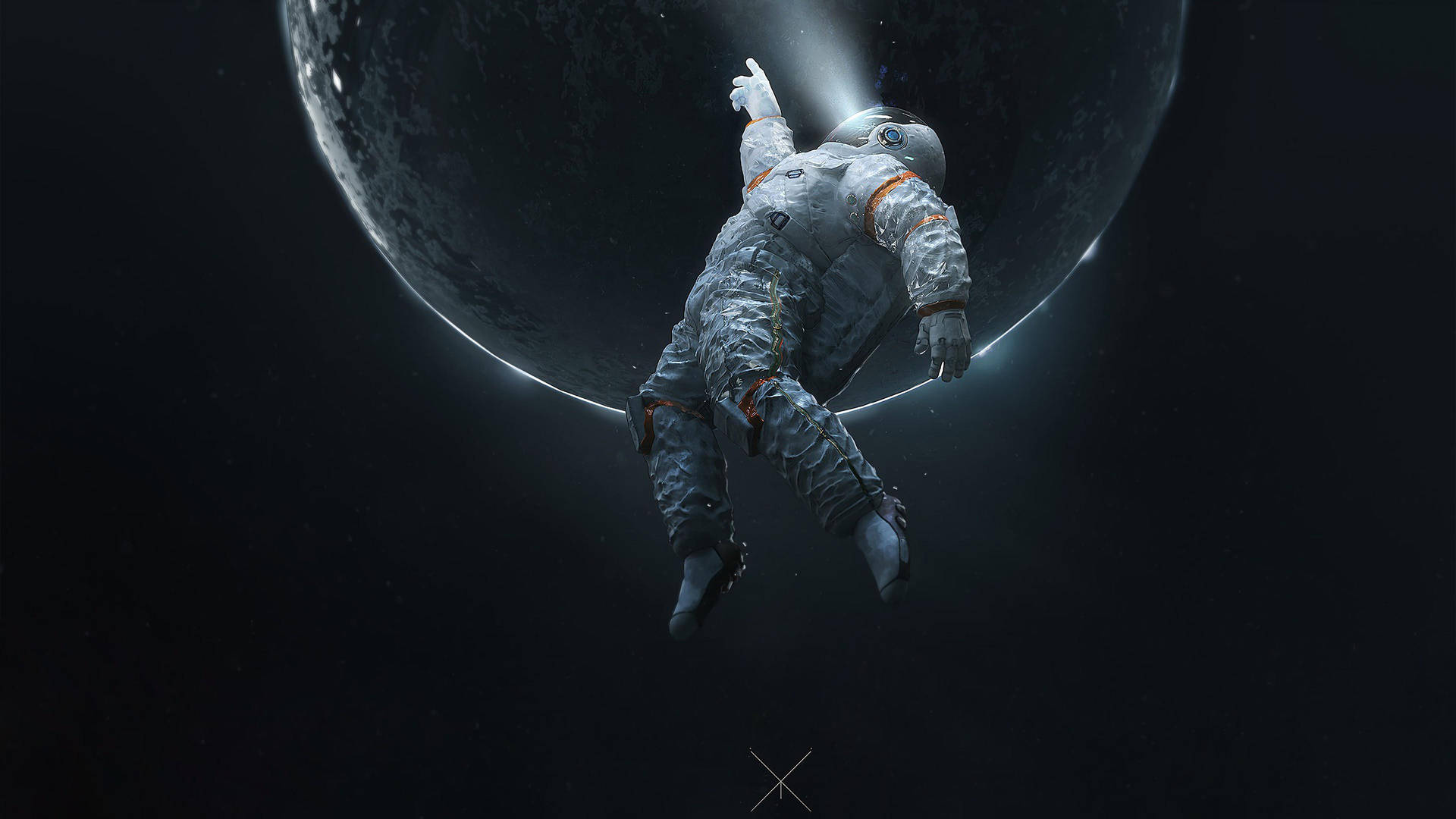 太空人在太空中漂浮，背景有月亮