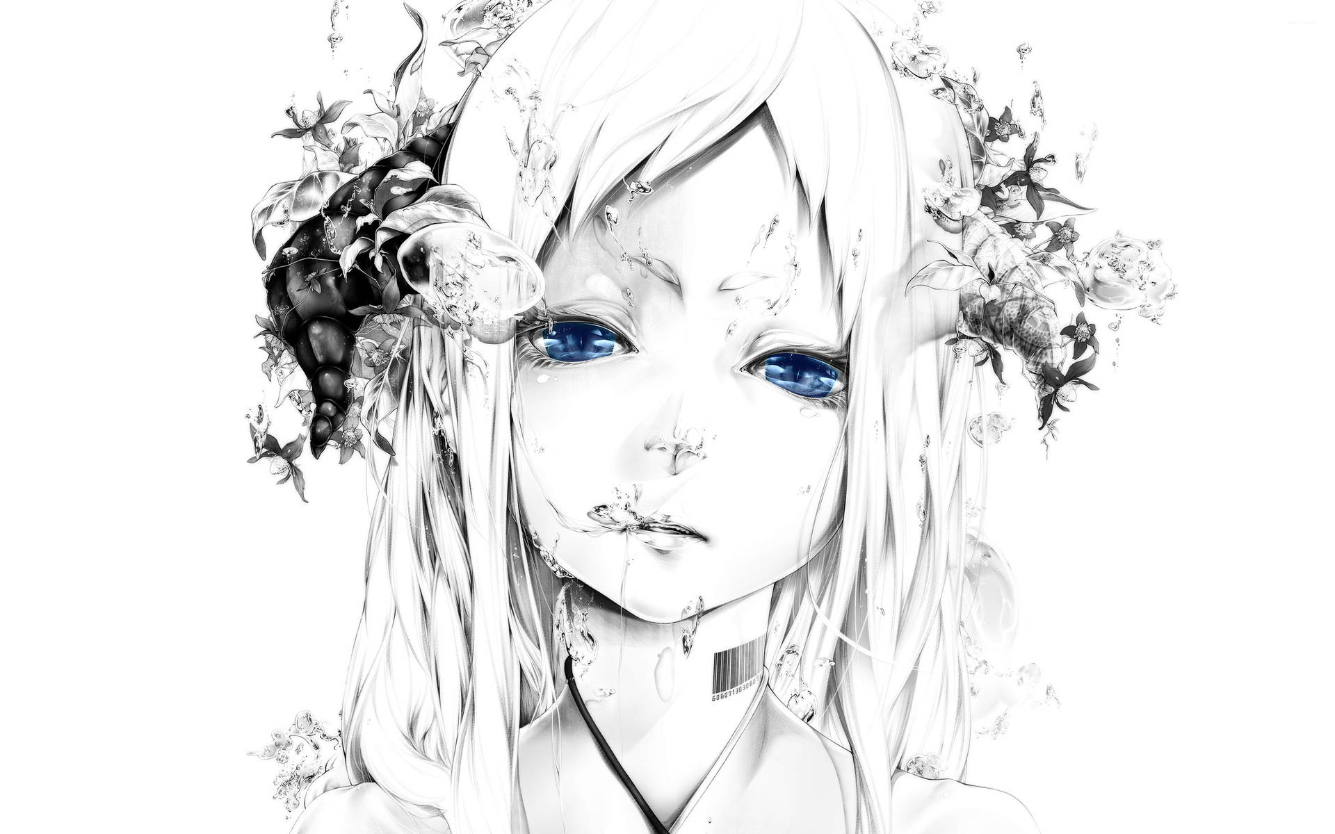 動漫女孩，藍眼睛，花髮，白色背景
