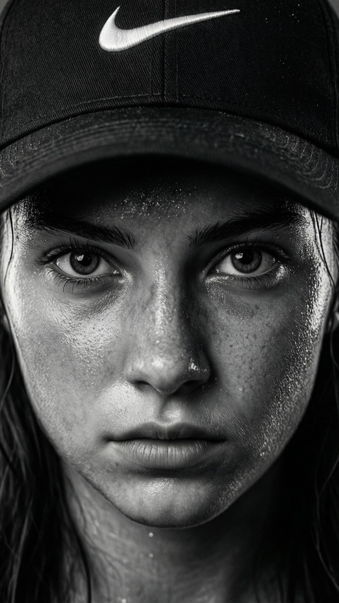 一名汗流浹背的女子戴著Nike帽子，在黑白肖像中專注地凝視鏡頭。