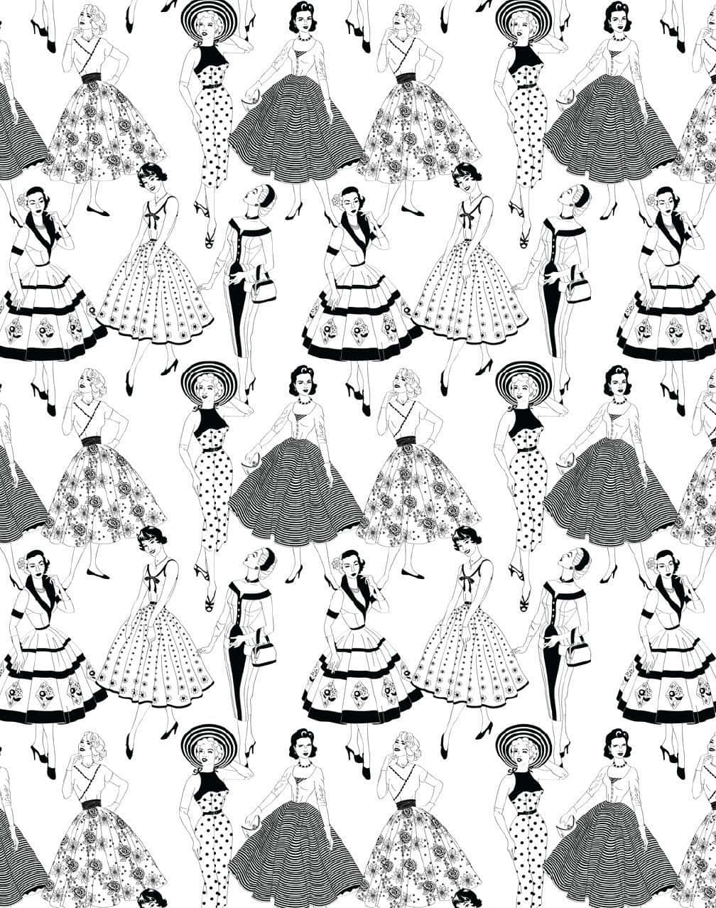 Vintage Black And White 桌布 壁紙 — 黑白復古插圖，重複的1950年代女性穿著波點和條紋連衣裙，時尚地擺姿勢。