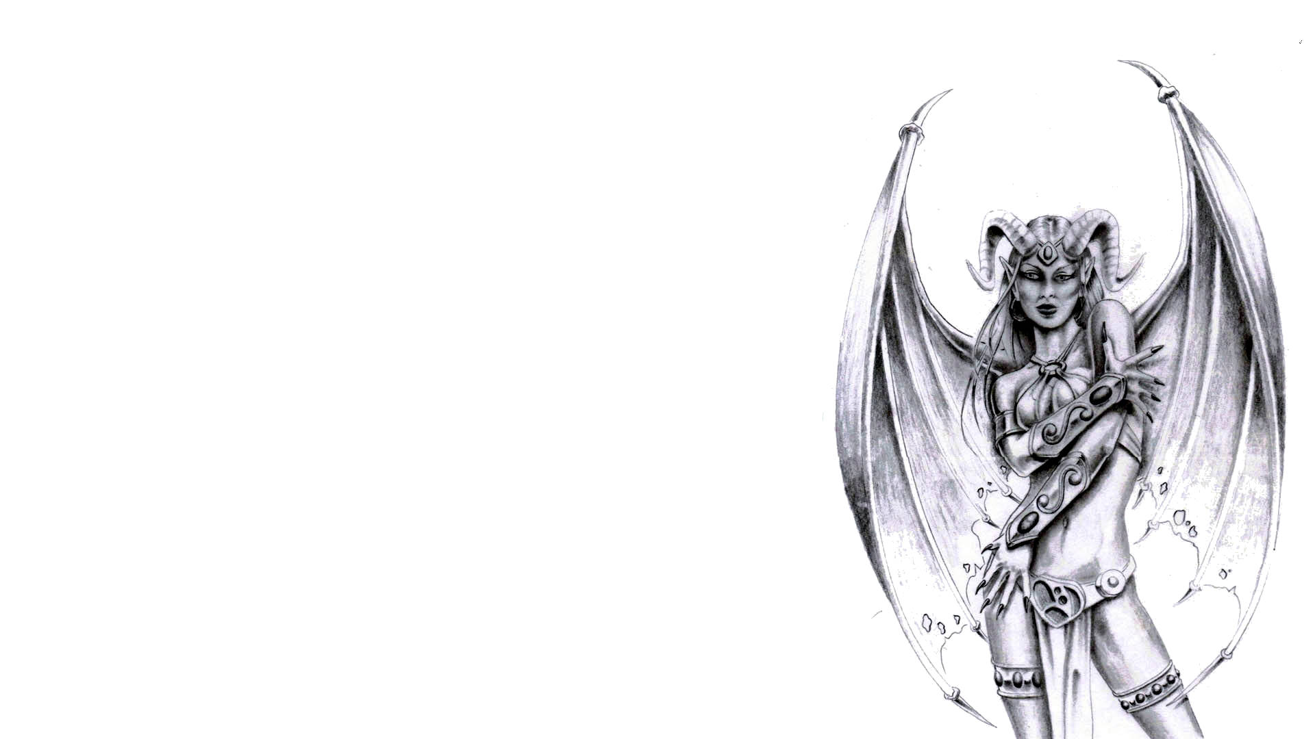 黑白性感魅魔素描 壁紙 — 一個詳細的黑白插圖，描繪一個惡魔般的女性形象，擁有大型蝙蝠狀翅膀和角，站在純白色背景前。