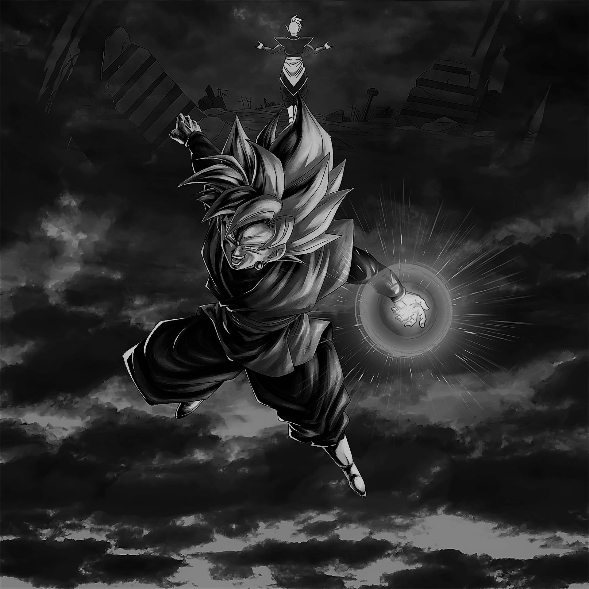 動漫戰士在黑暗的暴風雲中飛行，發出能量爆炸。