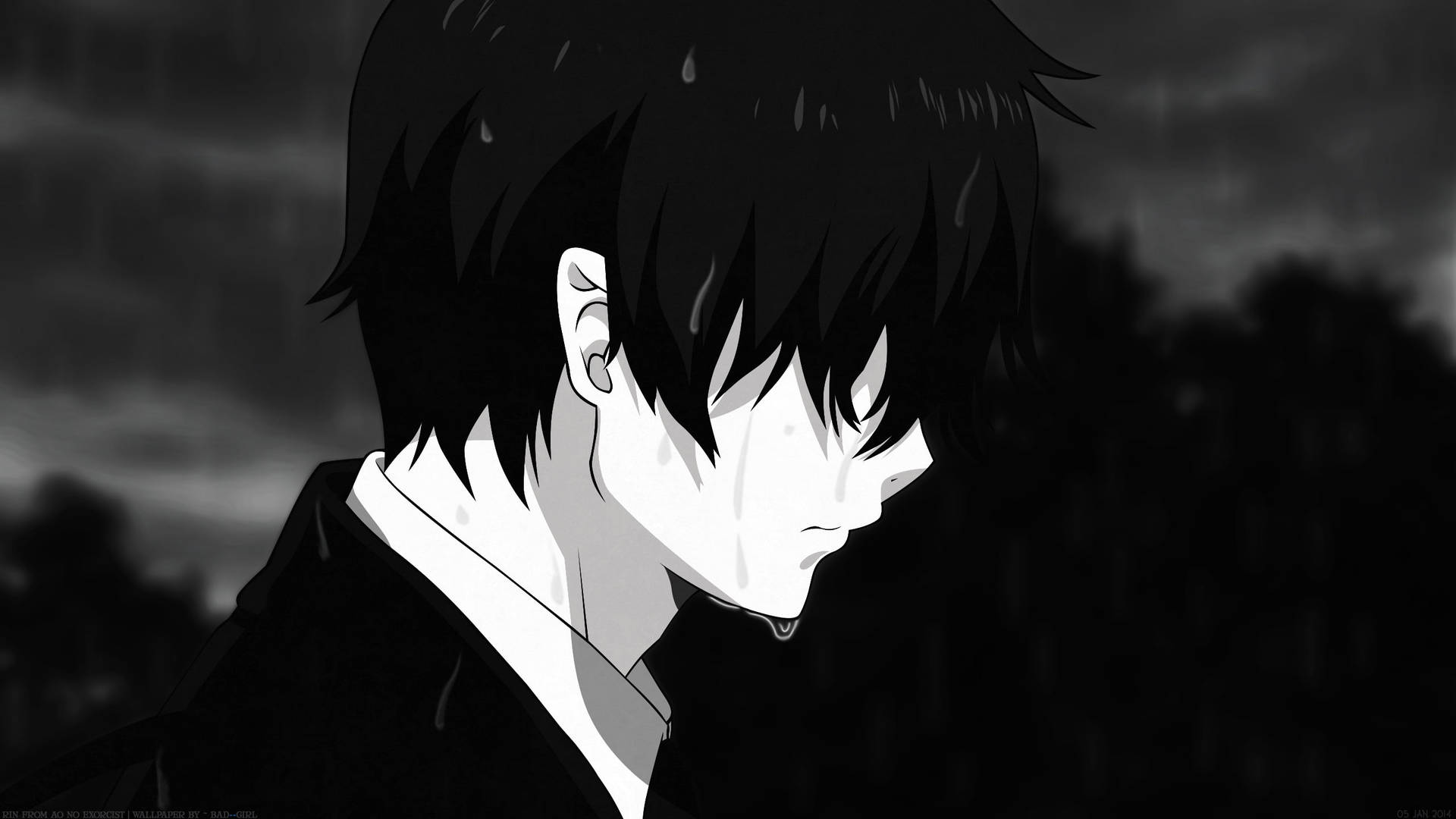 一個悲傷的動漫男孩在雨中哭泣，背景黑暗。