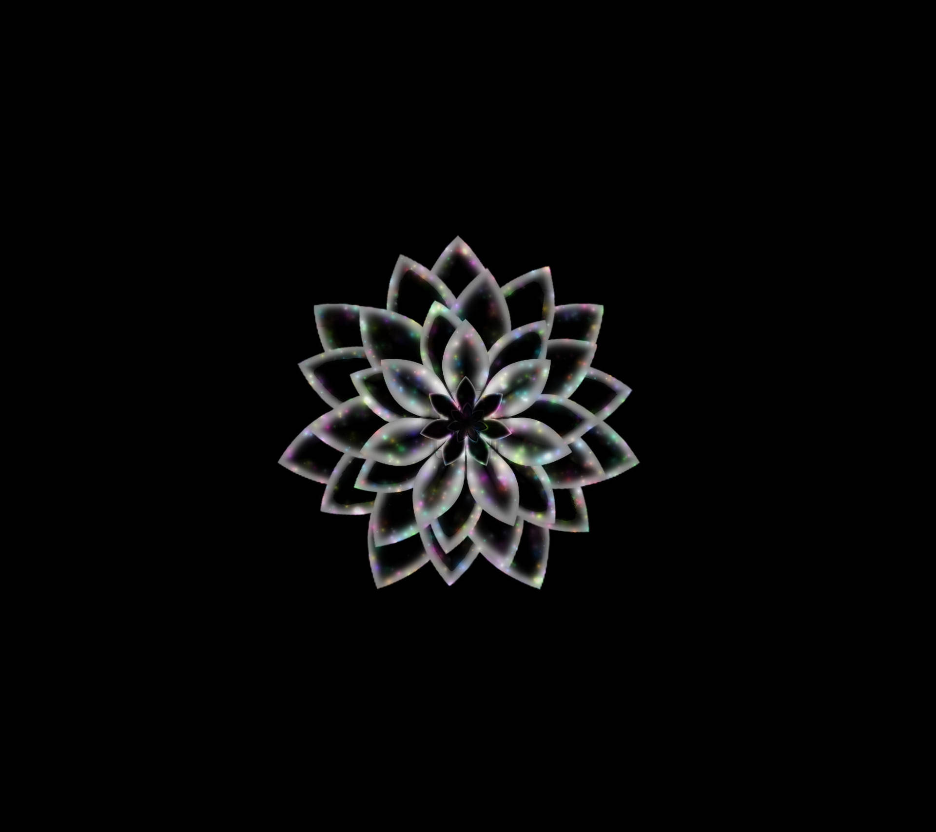 在黑色背景上發光的彩虹色分形花朵圖案