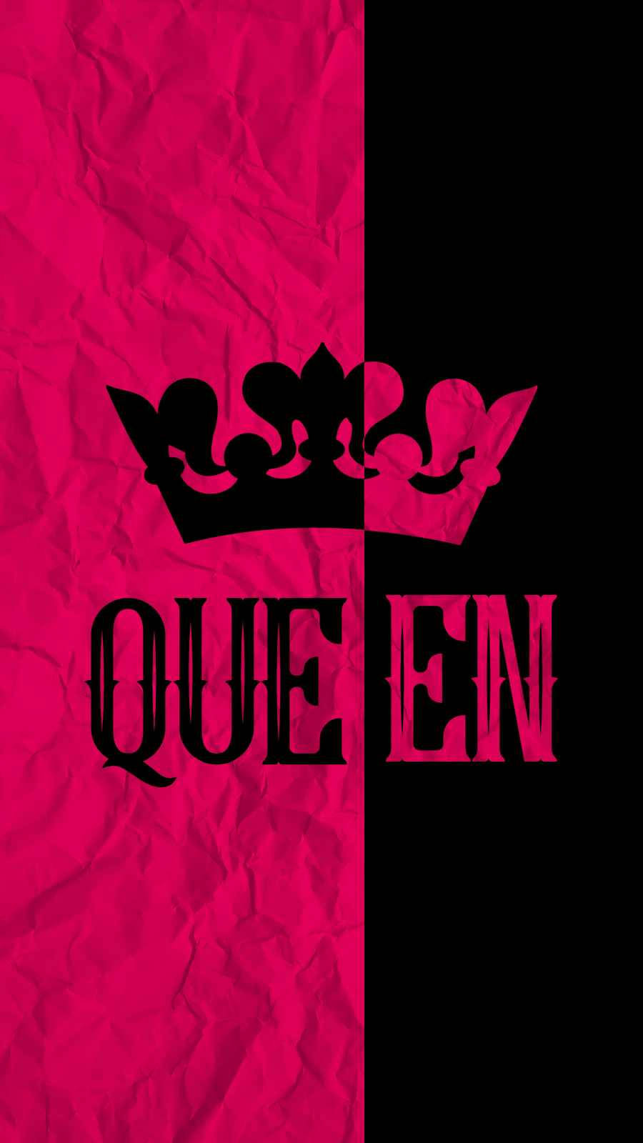 粉紅和黑色分割設計，帶有皇冠和 queen 文字在皺紙紋理上。