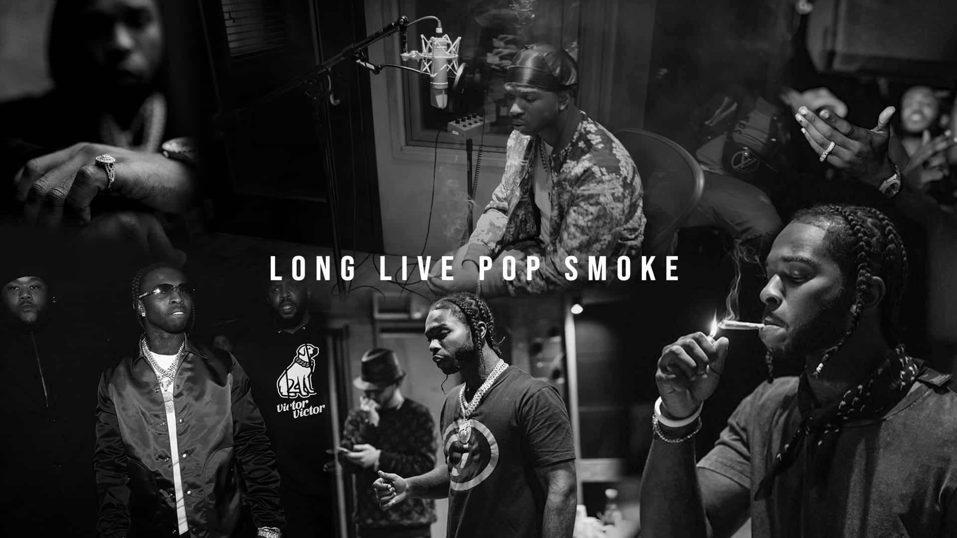 Pop Smoke 桌布 壁紙 — 黑白拼貼，捕捉嘻哈藝術家在錄音室及自然瞬間，帶有煙霧和麥克風。