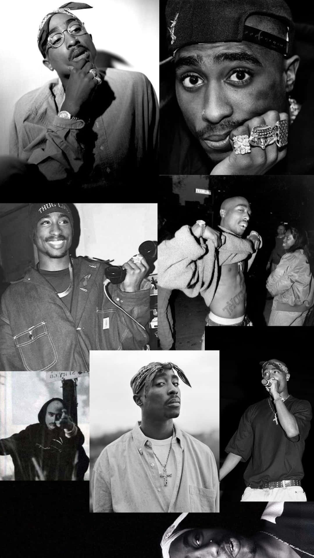 Tupac Shakur的各種黑白照片拼貼，展示他的標誌性風格和表情。