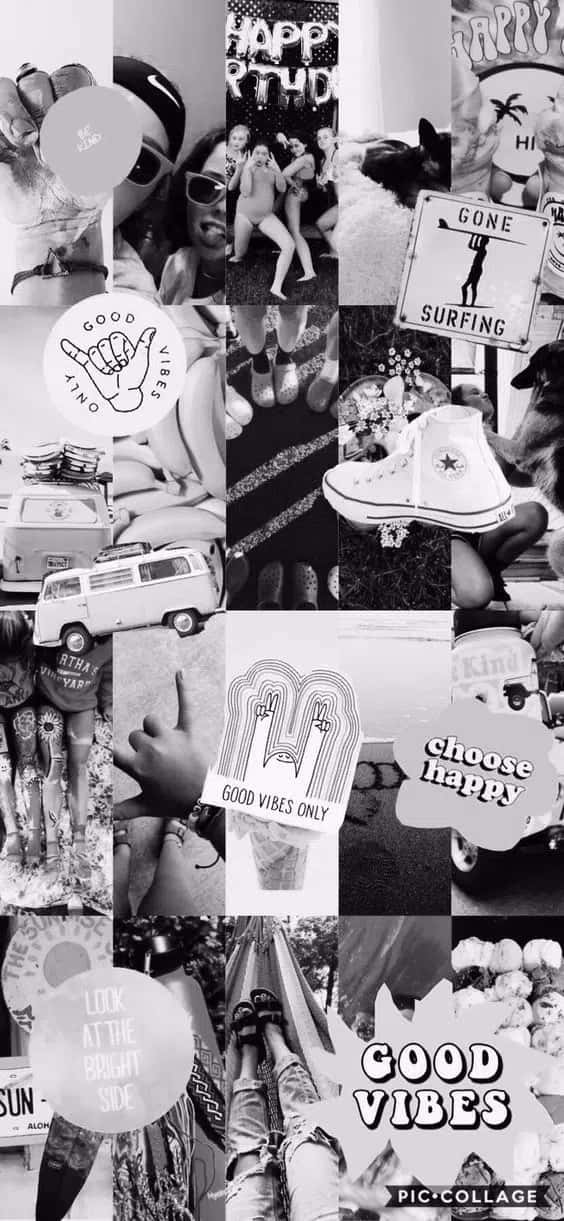 黑白拼貼畫，展現快樂時刻，包含 Vans、衝浪板和 good vibes 標誌。