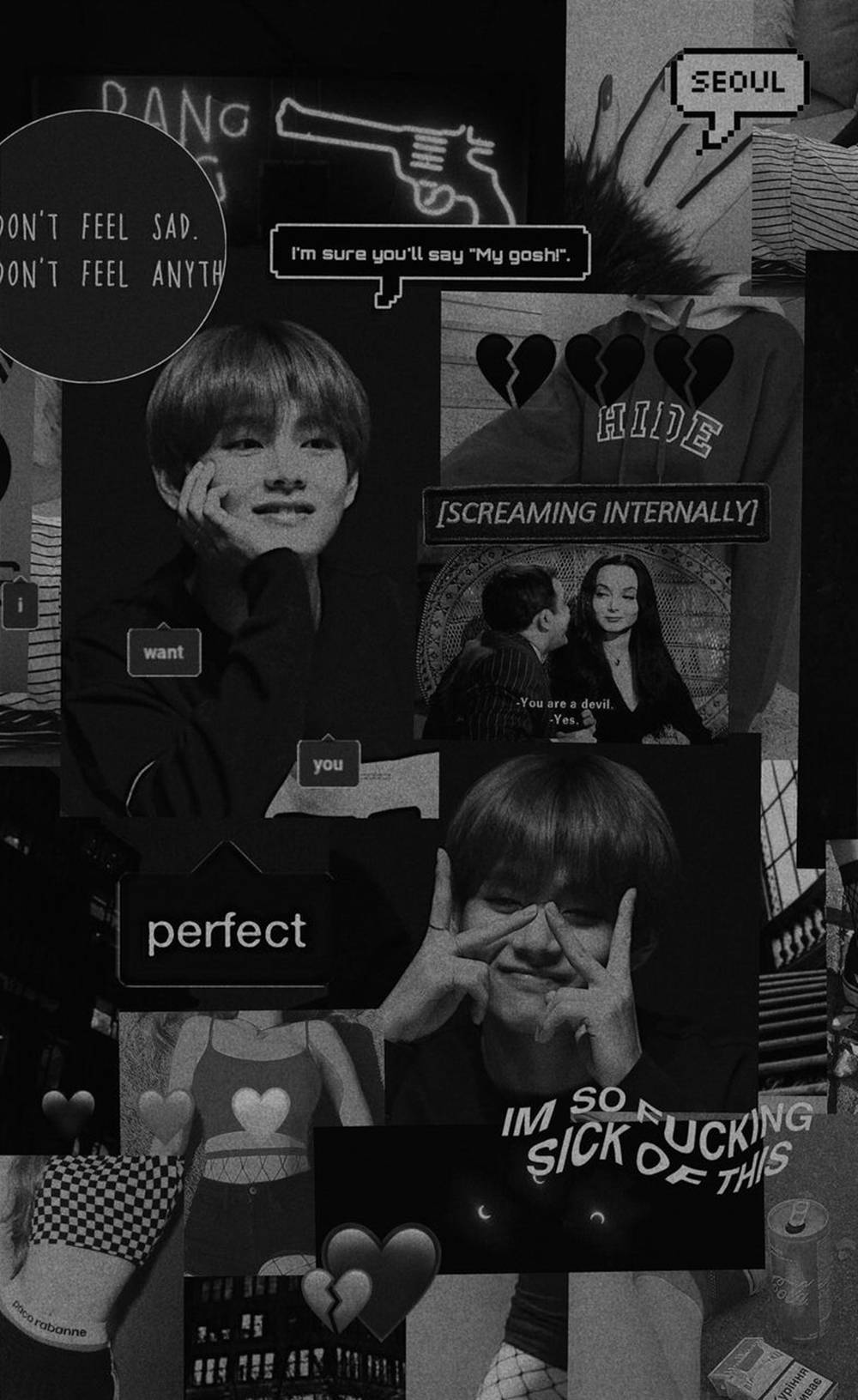 Kpop Aesthetic 桌布 壁紙 — 黑白拼貼畫，呈現流行文化時刻，帶有文字疊加和破碎的心形圖標。