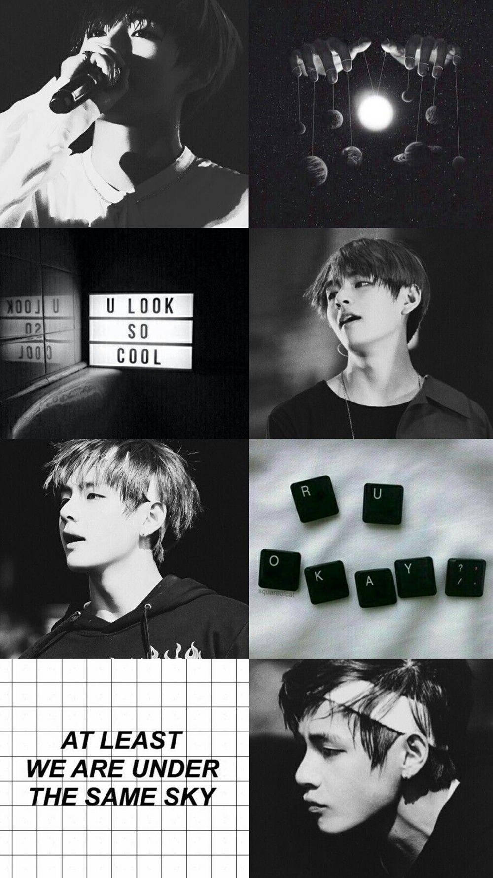 Kpop Aesthetic 桌布 壁紙 — 黑白拼貼畫，展示一位男歌手多種憂鬱姿勢，並帶有文字和鍵盤按鍵。