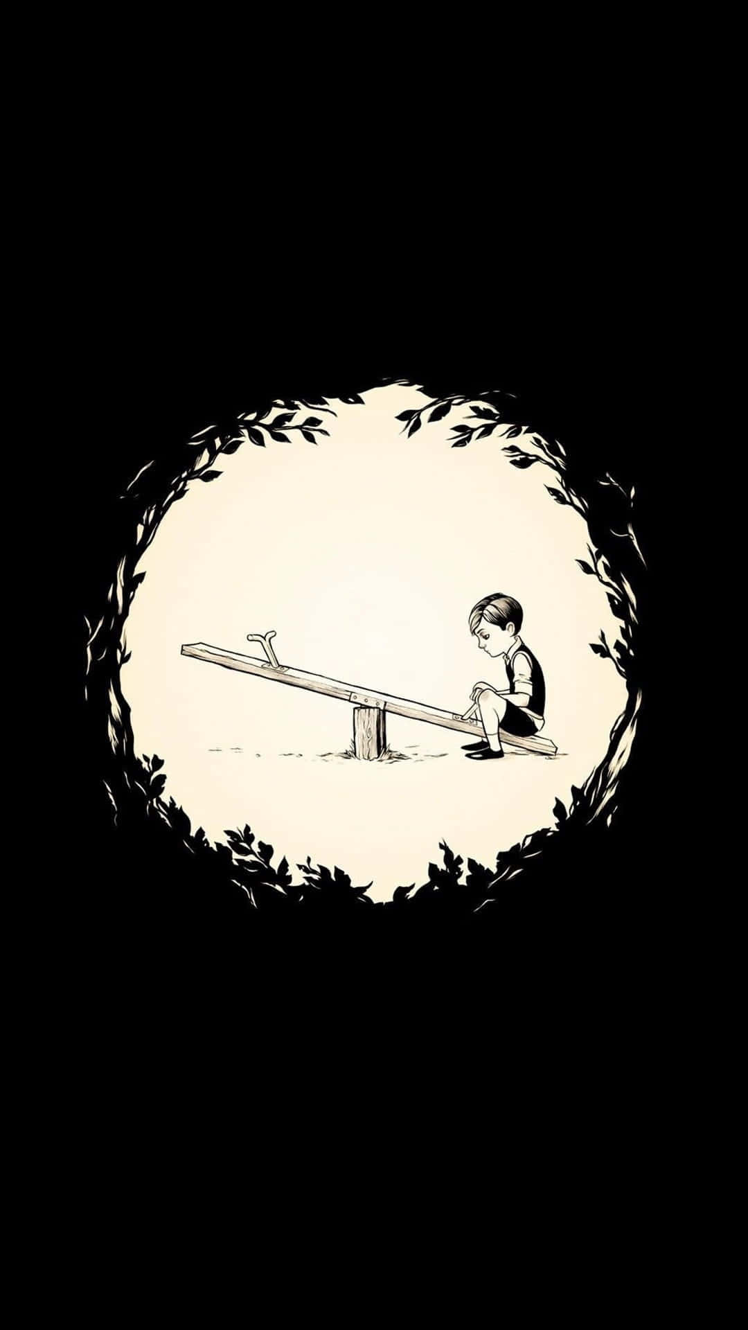 黑白插畫：男孩玩蹺蹺板 壁紙