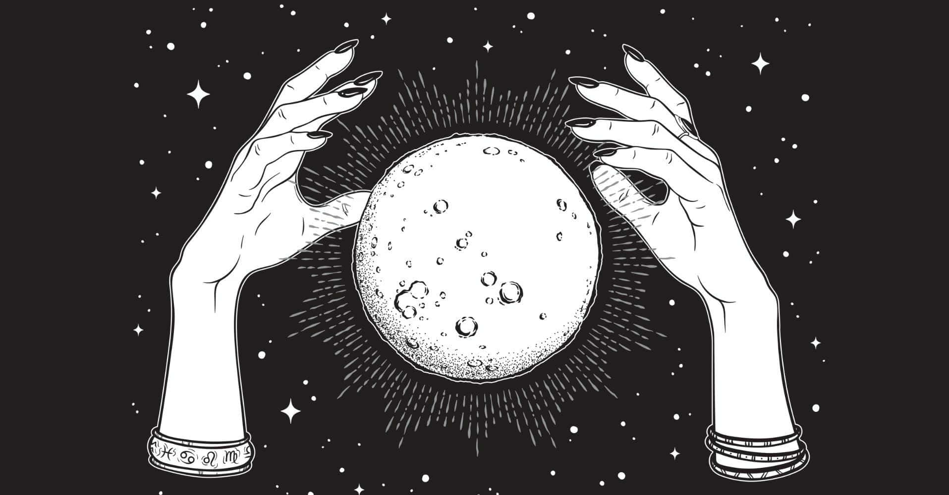 黑白插畫風格詭異萬聖節背景 壁紙 — 兩隻長指甲的手，在繁星點點的夜空下，輕輕托著一個細節豐富的月亮，呈現一幅鮮明的黑白插圖。