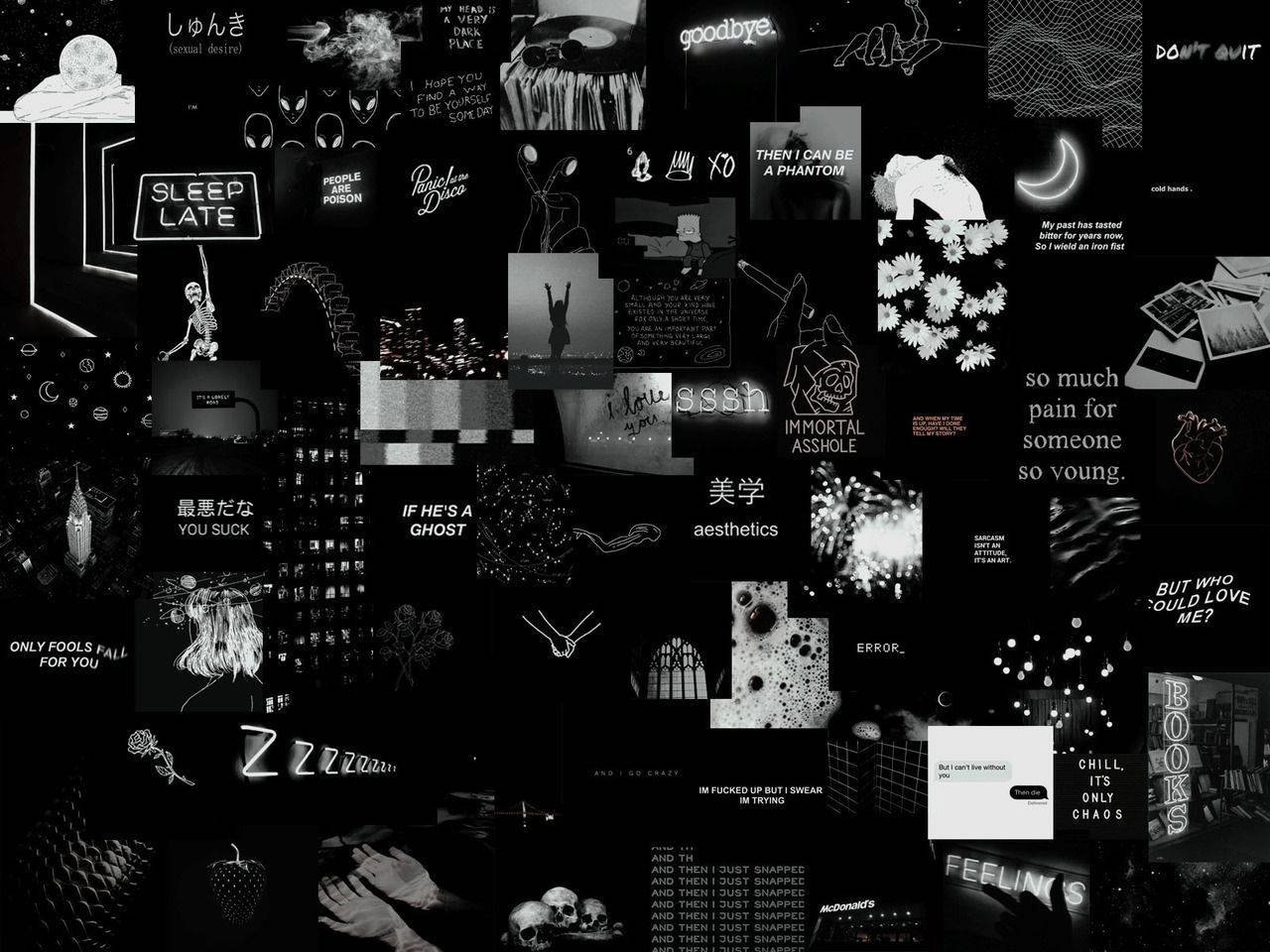 black aesthetic collage 桌布 壁紙 — 黑白數位拼貼畫，包含憂鬱的文字片段、塗鴉和怪異圖像，喚起情感內省。
