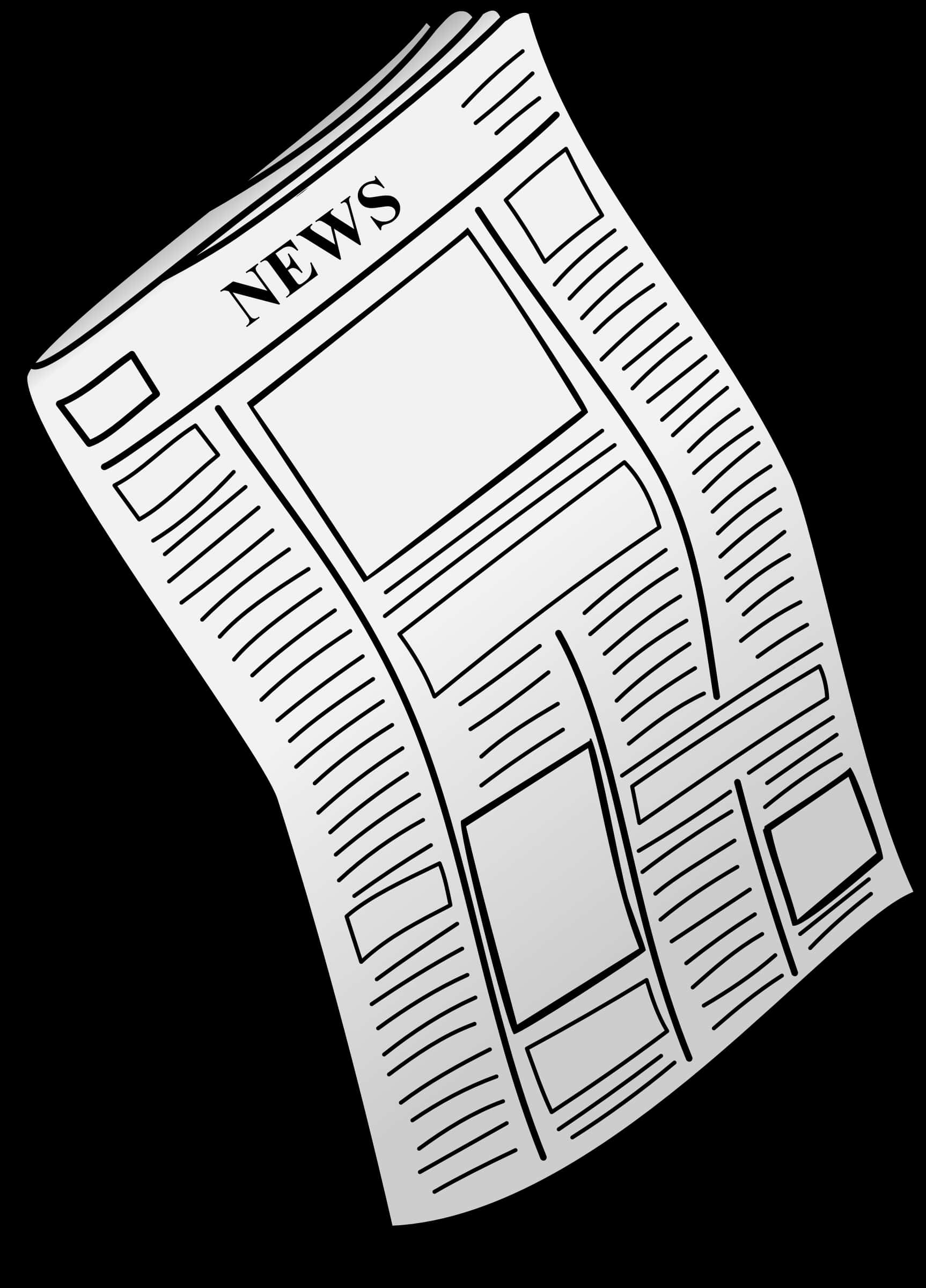 黑白新聞印刷圖形 壁紙 — 一份風格化的報紙，帶有粗體標題和文字區塊，在純黑背景上呈對角線傾斜。