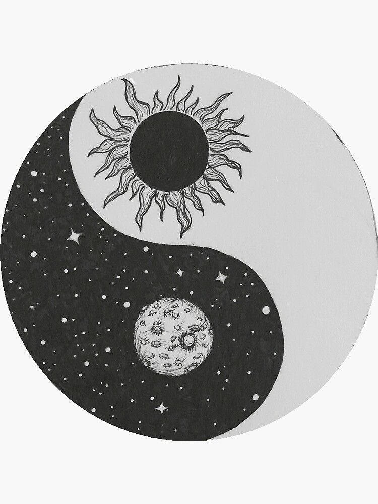 黑白日月 壁紙 — 一個黑白陰陽符號，白色一半有太陽，黑色一半有月亮，周圍有星星。