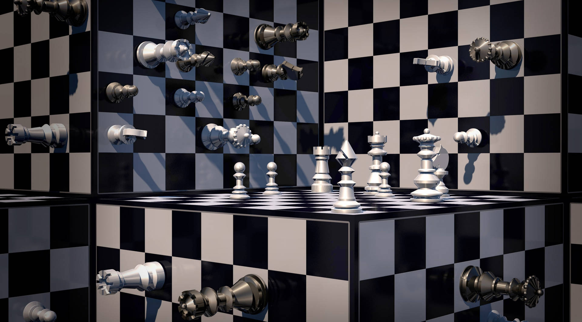 超現實 3D 渲染房間中棋盤上的國際象棋棋子。