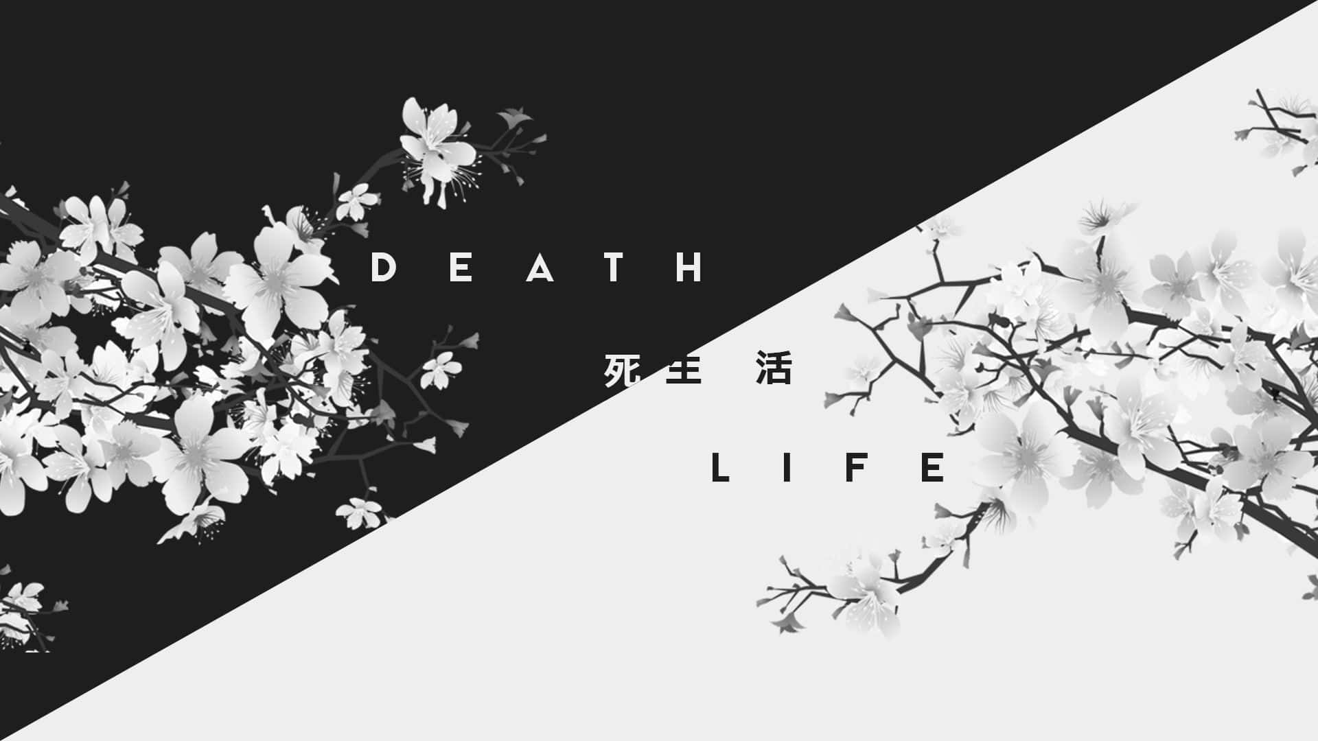 黑白美學 桌布 壁紙 — 黑白櫻花枝條在對角分割的背景上框住「死亡」和「生命」字樣。
