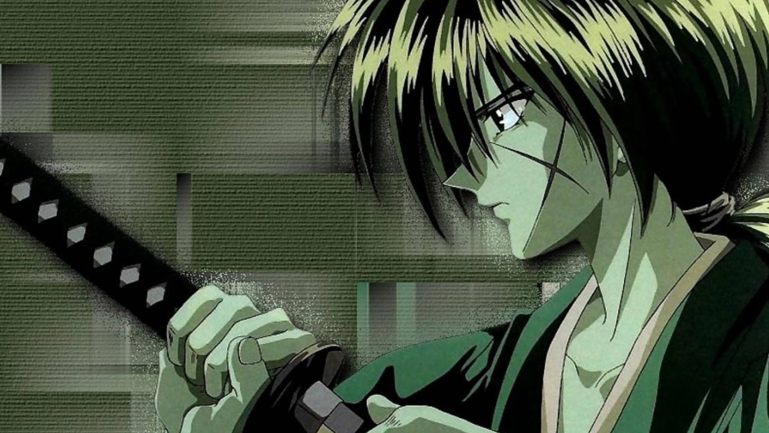 黑白浪客劍心 Kenshin Himura 壁紙 — 一個綠色色調的動漫戰士，頭髮尖刺，握著一把武士刀，背景是模糊的城市景觀。
