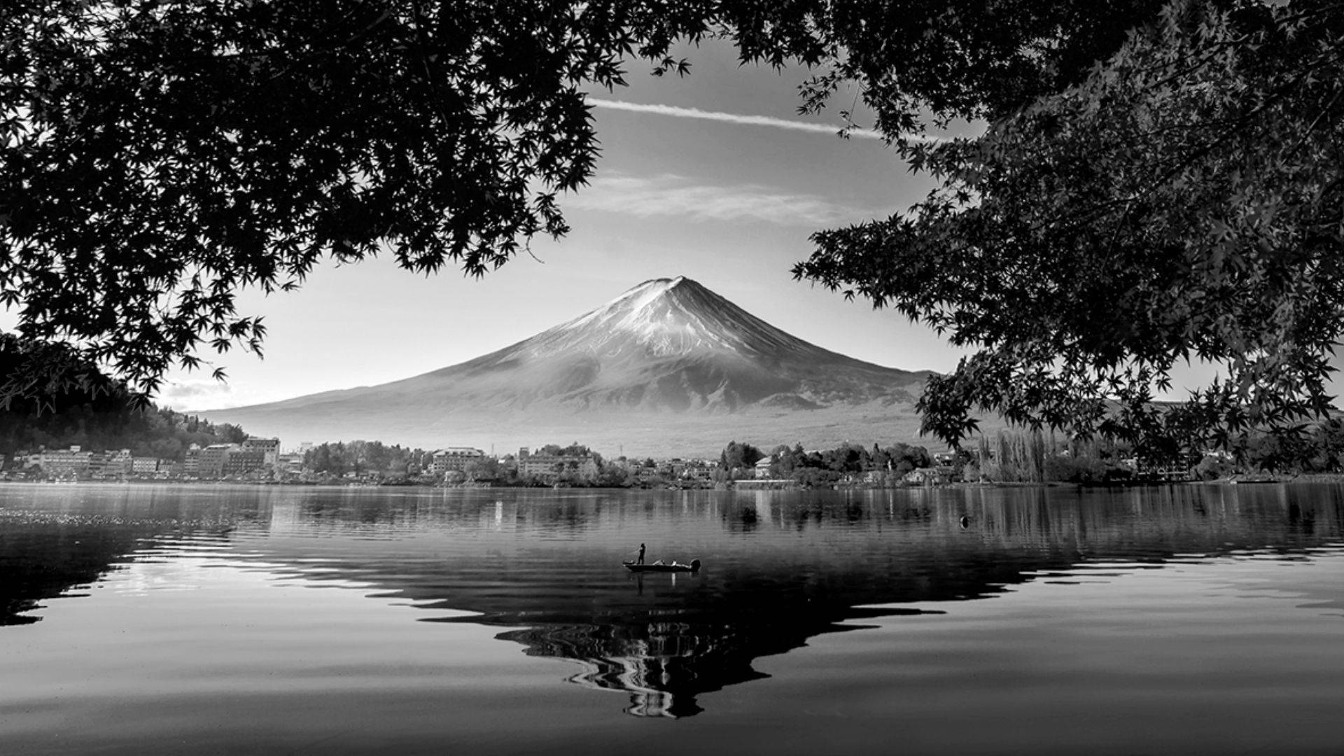 富士山倒映在湖中，划艇和樹枝框住景色。