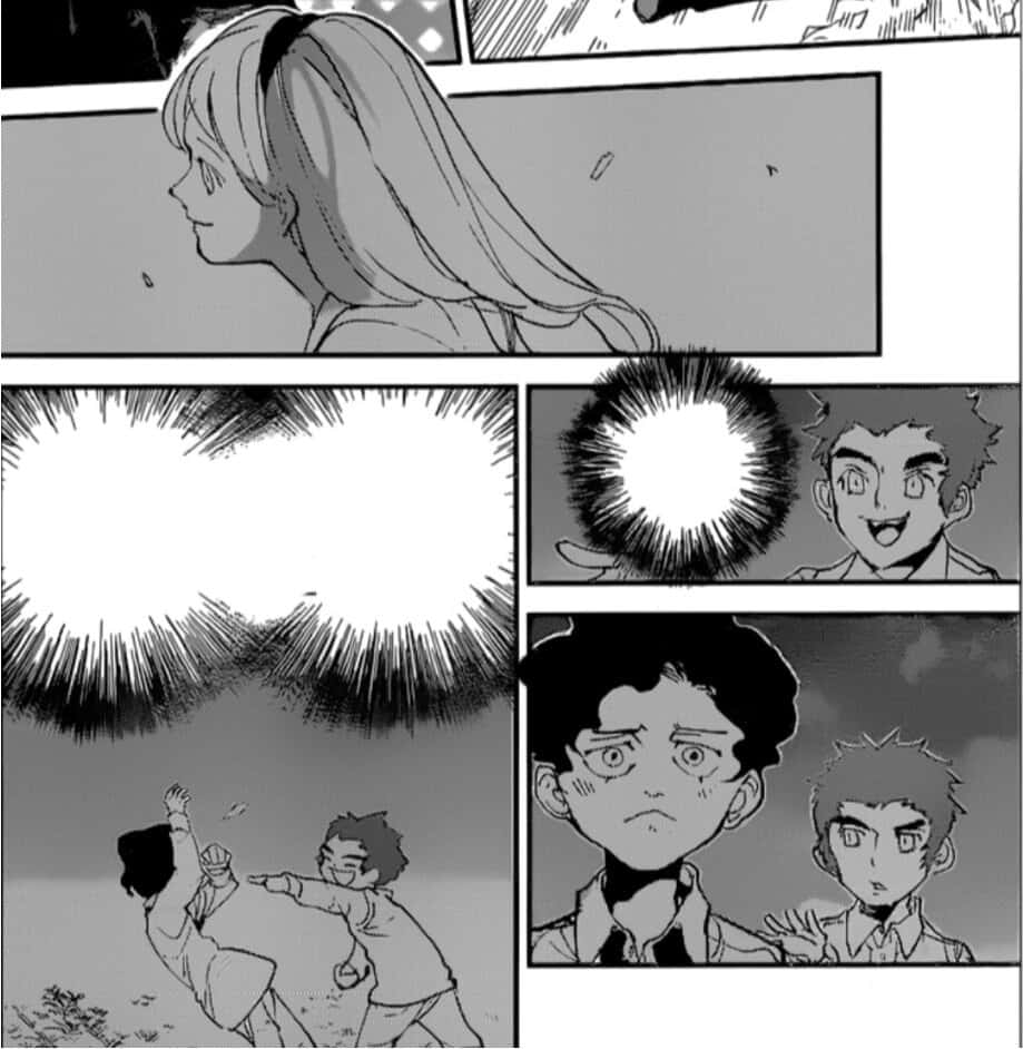 The Promised Neverland Lucas 桌布 壁紙 — 黑白漫畫分鏡展示角色在動作場景和情感特寫中，伴隨著動態的能量爆發。