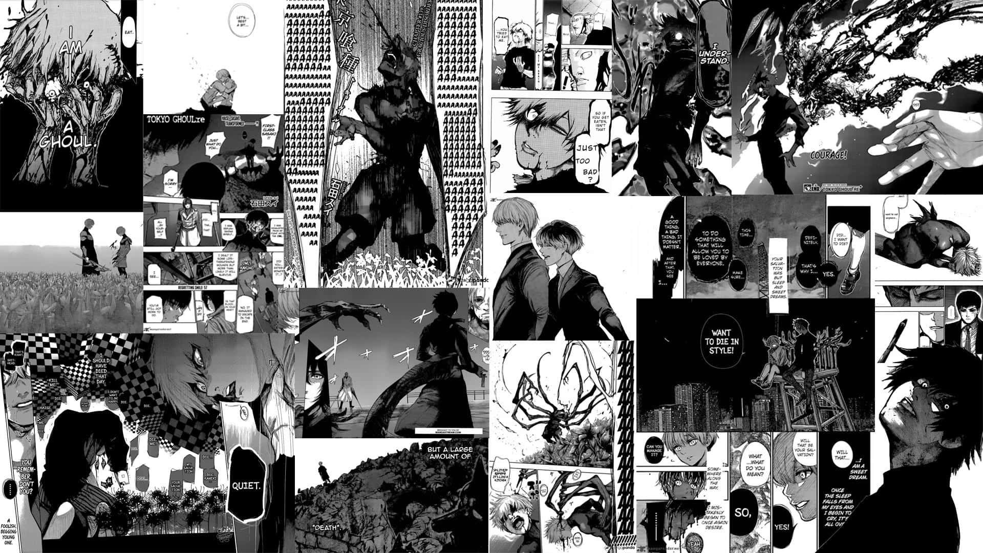 漫畫分鏡gif 桌布 壁紙 — 黑白漫畫拼貼，包含激烈的動作場景、戲劇性的角色特寫，以及帶有粗體文字的動態面板佈局。